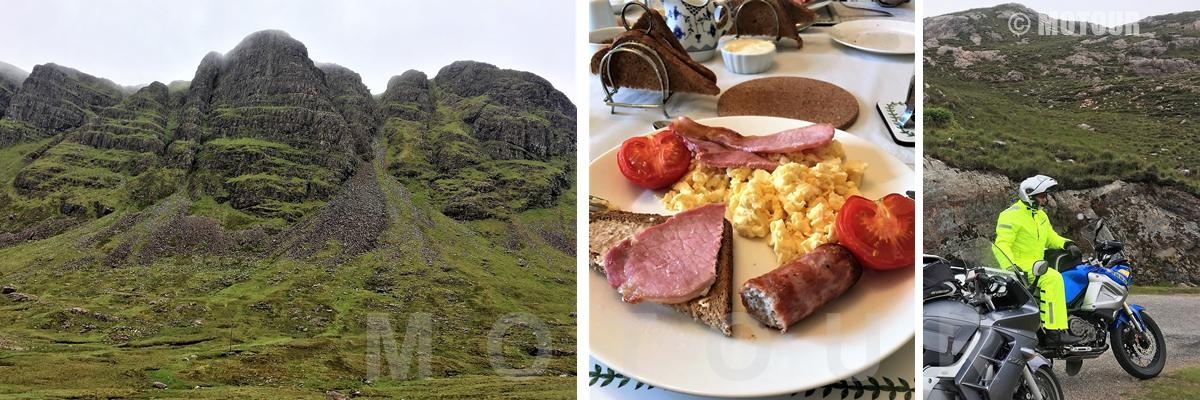 Englisches Frühstück und Landschaftfoto während einer Motour Motorferienreise nach Schottland.